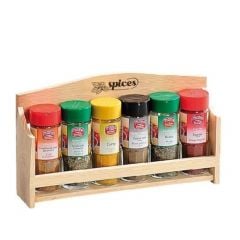 Spice-rack, pine-wood with "spices" branding Size: 28 x 6 cm, High: 17,5 cm lacquered