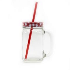 Jar with assort. lid (red, blue, yellow) + straw COUNTRY glass
