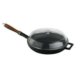 Frying pan cast iron LAVA ø24cm 1.32L black induction with wooden handle, glass lid